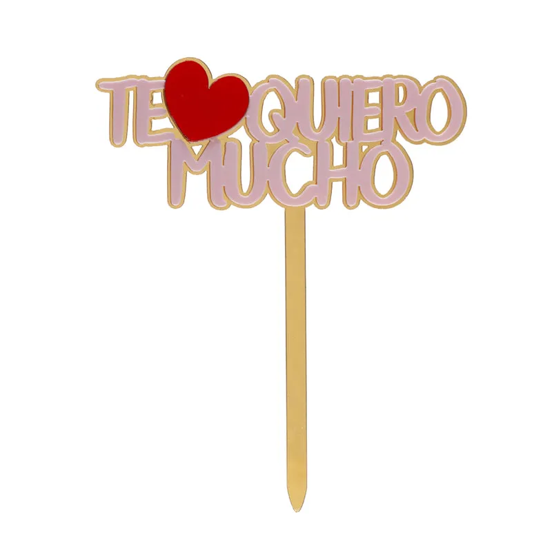 CAKE TOPPER TE QUIERO MUCHO DORADO Y ROSA 11,5X13,5CM