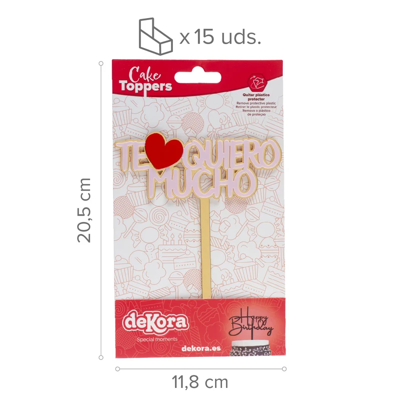 CAKE TOPPER TE QUIERO MUCHO DORADO Y ROSA 11,5X13,5CM