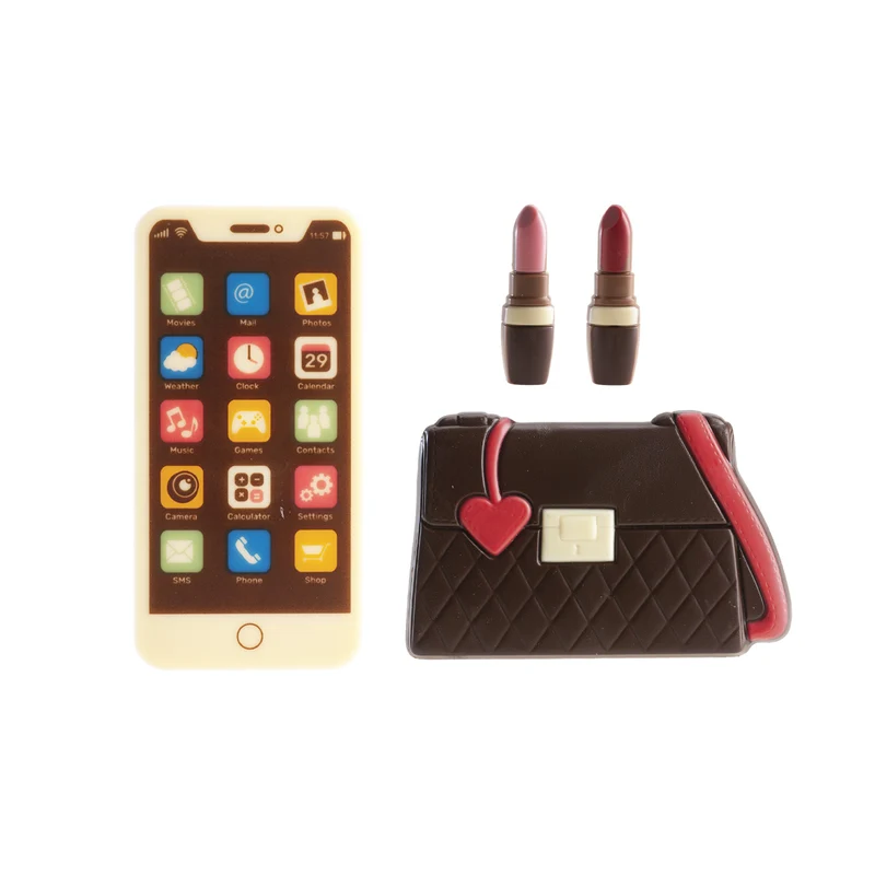 DECORACIÓN CHOCOLATE KIT BOLSO Y MAQUILLAJE 4 PZS