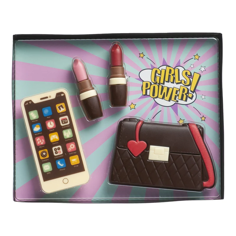 DECORACIÓN CHOCOLATE KIT BOLSO Y MAQUILLAJE 4 PZS