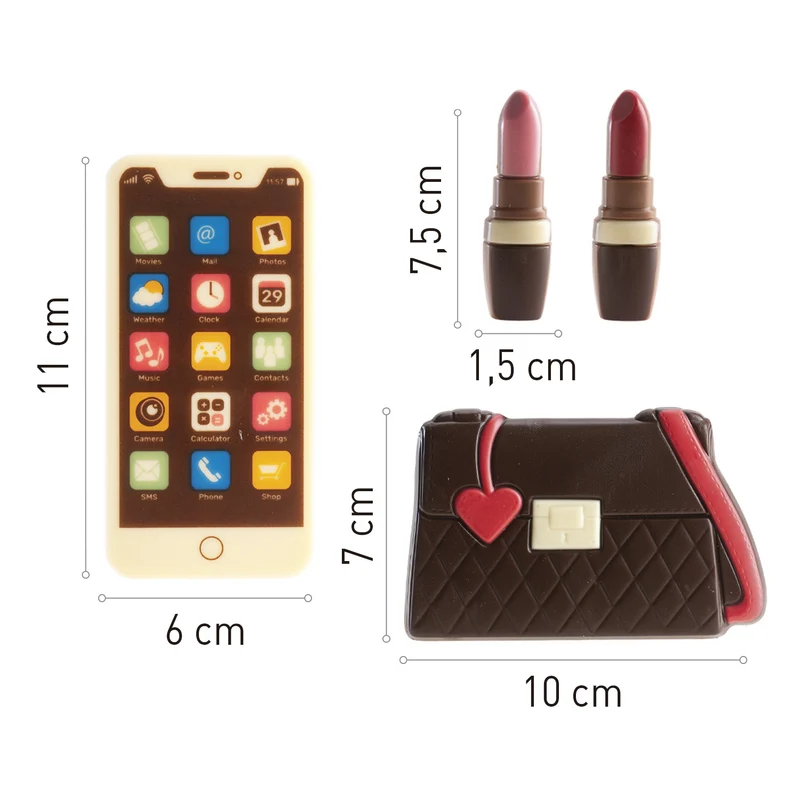 DECORACIÓN CHOCOLATE KIT BOLSO Y MAQUILLAJE 4 PZS