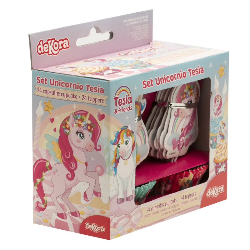 KIT DECORACIÓN 24 CUPCAKES CON 24 TOPPERS UNICORNIO