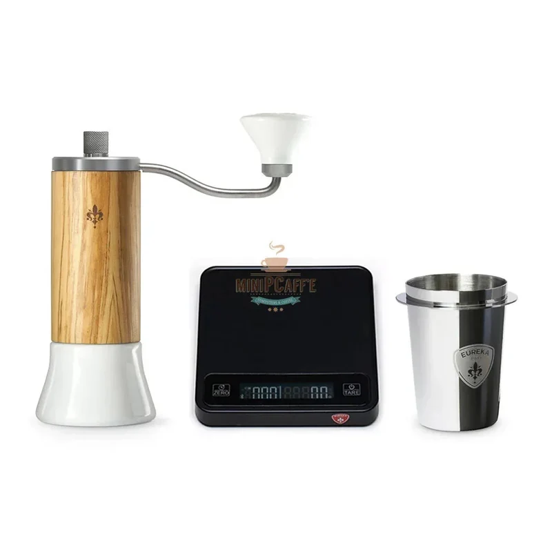 Eureka Baby Olive Wood Hand Grinder Set with Precisa Coffee Scale and Dosing Cup