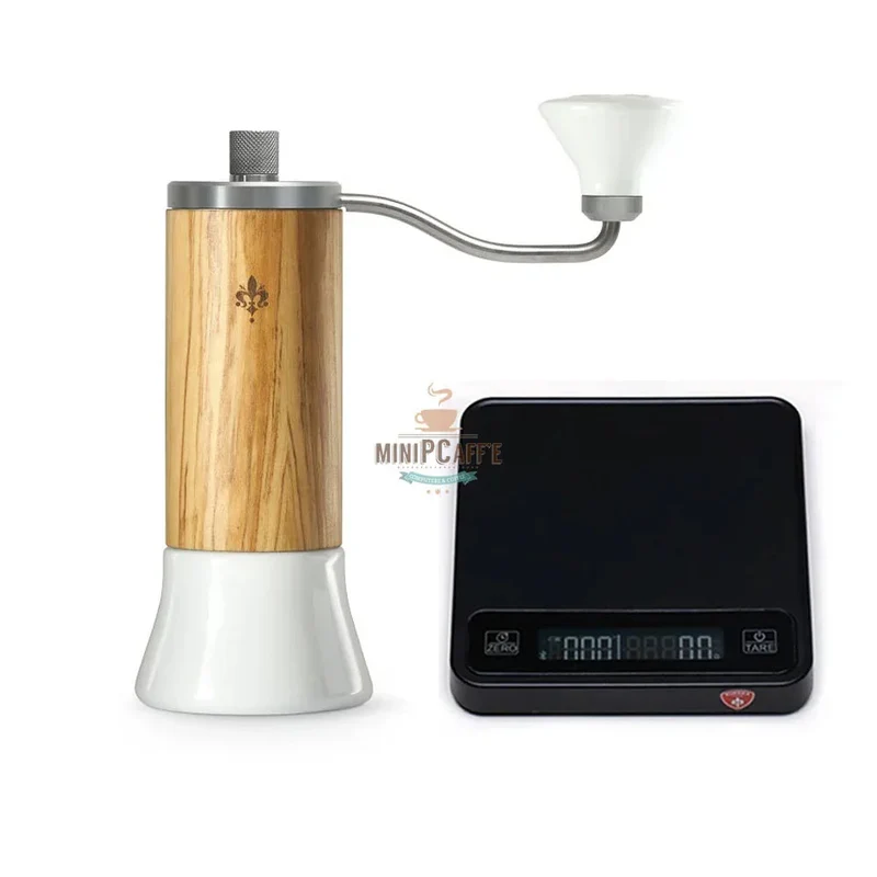 Eureka Baby Olive Wood Hand Grinder Set with Precisa Coffee Scale and Dosing Cup