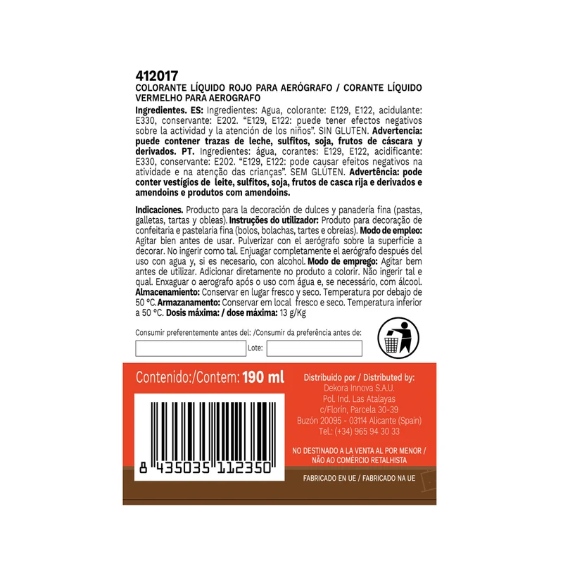 COLORANTE LIQUIDO HIDROSOLUBLE ROJO 190ML