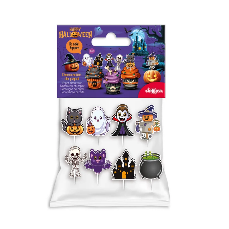 CAKE TOPPER PAPEL SURTIDO HALLOWEEN 8 MODELOS 16 UNIDADES