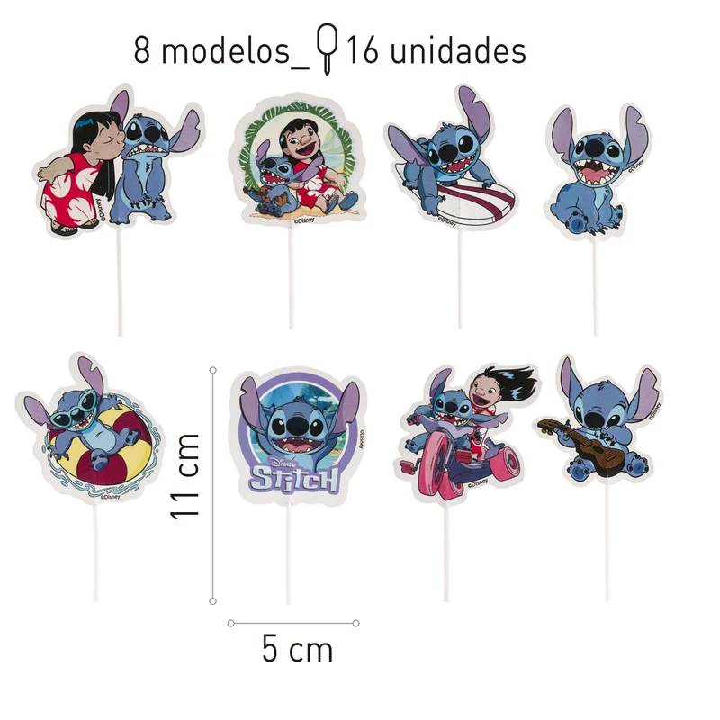 CAKE TOPPER PAPEL STITCH 8 MODELOS 16 UNIDADES