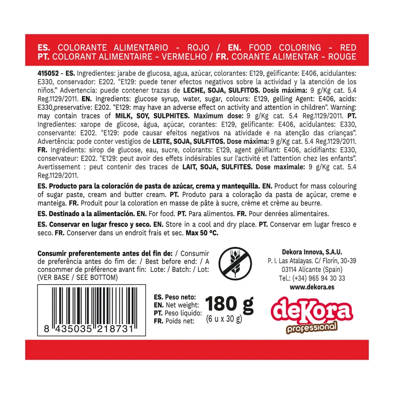 6 COLORANTES EN GEL HIDROSOLUBLE ROJO 30G