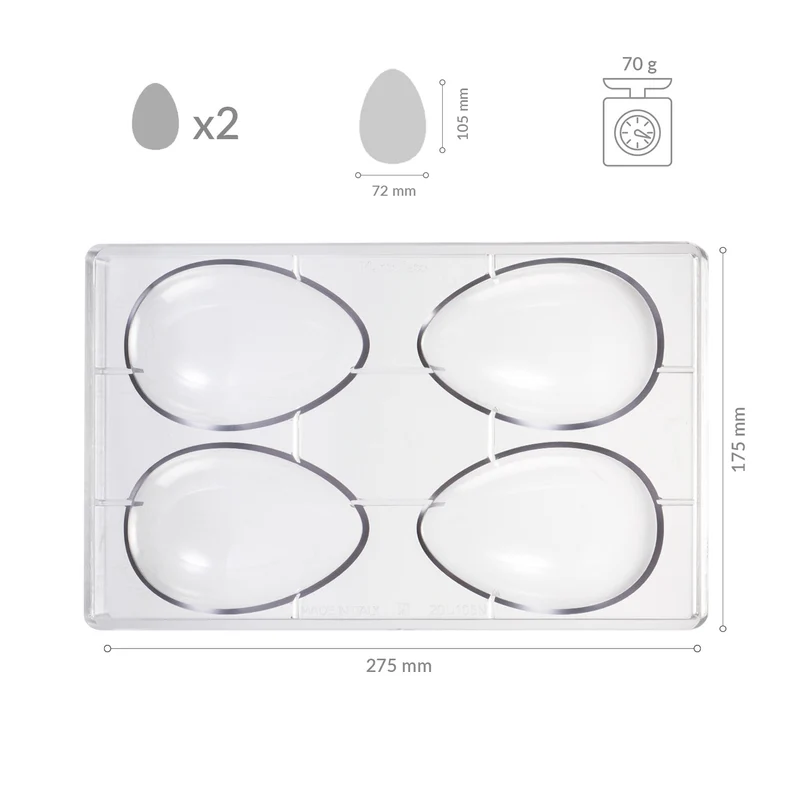 MOLDE POLICARBONATO PARA 2 HUEVOS 70GR 72X105MM | 4 MITADES