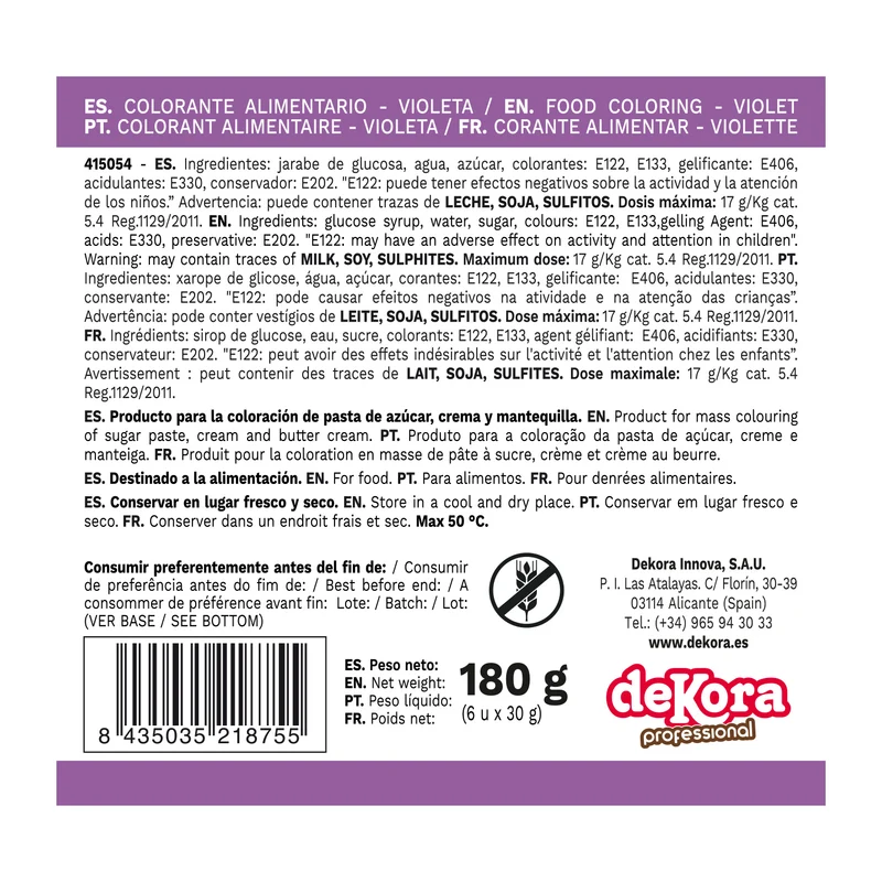 6 COLORANTES EN GEL HIDROSOLUBLE VIOLETA 30G
