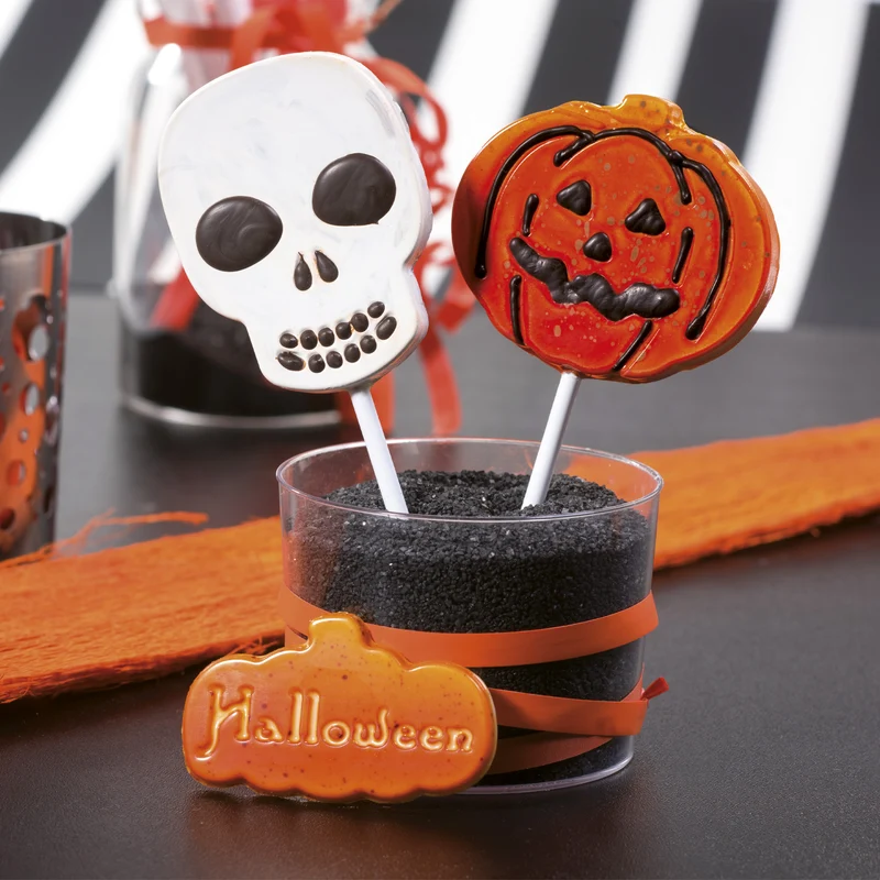 KIT 2 MOLDES PLASTICO PIRULETAS CHOCOLATE HALLOWEEN 8 PIEZAS