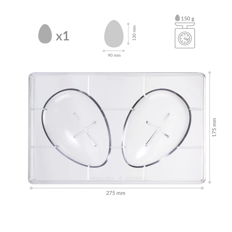 MOLDE POLICARBONATO PARA 1 HUEVO 150GR 90X130MM | 2 MITADES
