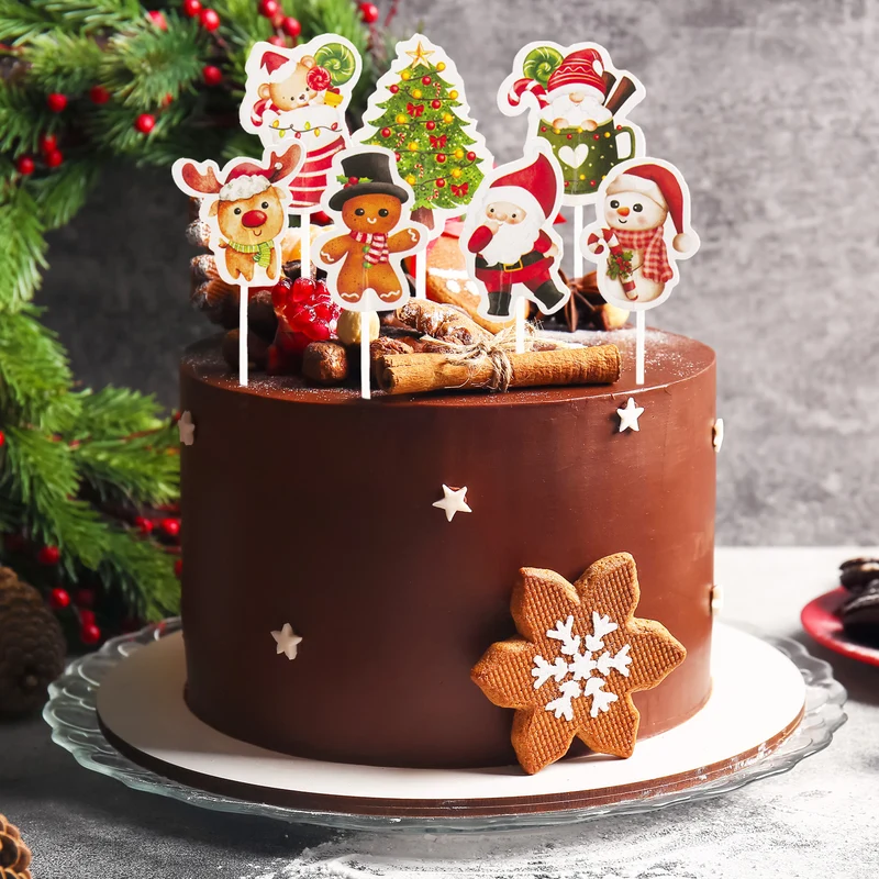 CAKE TOPPERS DE PAPEL DE NAVIDAD 8 DISEÑOS ACUARELA 16 UND