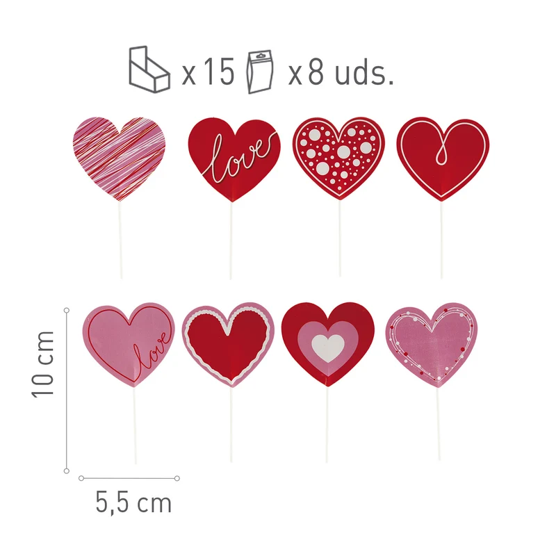 CAKE TOPPER PAPEL CORAZONES 8 MODELOS 8 UNIDADES