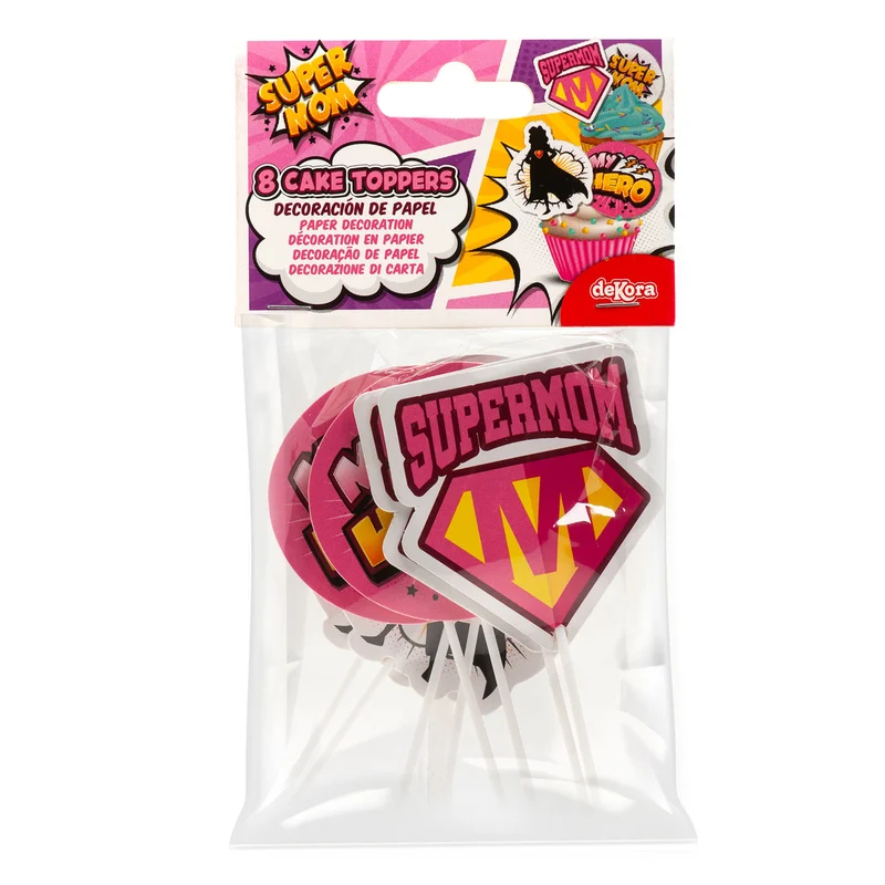 CAKE TOPPER PAPEL SUPERMOM 4 MODELOS 8 UNIDADES