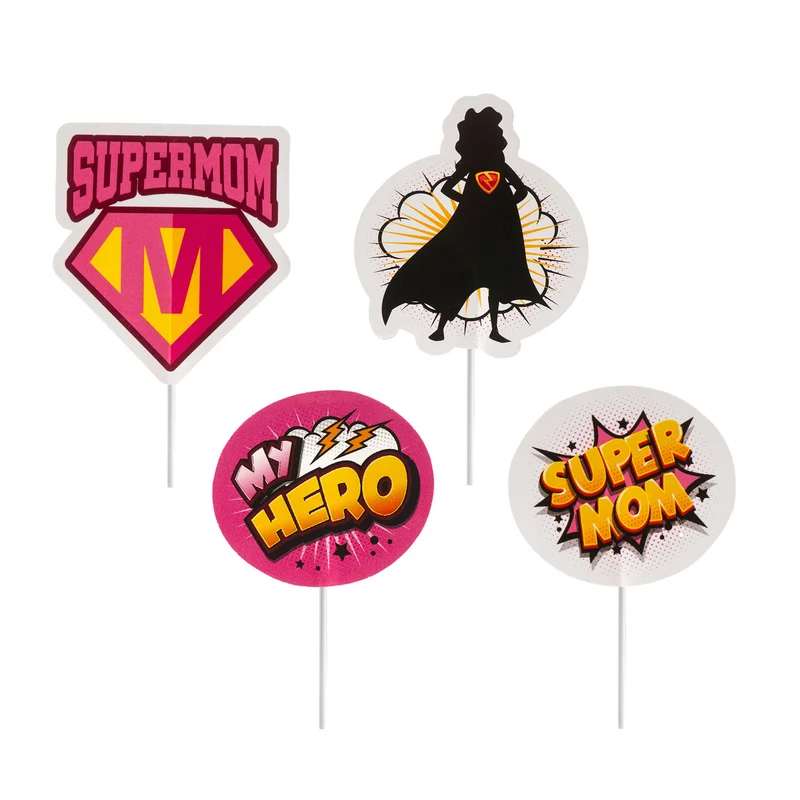 CAKE TOPPER PAPEL SUPERMOM 4 MODELOS 8 UNIDADES
