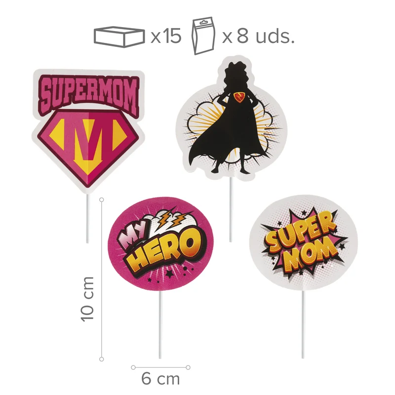 CAKE TOPPER PAPEL SUPERMOM 4 MODELOS 8 UNIDADES