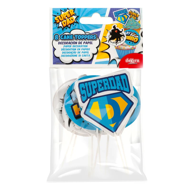 CAKE TOPPER PAPEL SUPERDAD 4 MODELOS 8 UNIDADES