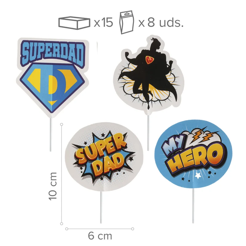 CAKE TOPPER PAPEL SUPERDAD 4 MODELOS 8 UNIDADES