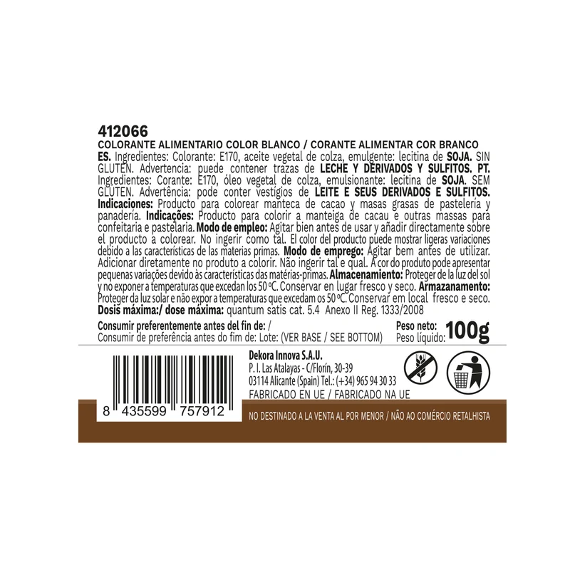 COLORANTE ALIMENTARIO LÍQUIDO LIPOSOLUBLE BLANCO 100GR SIN E171