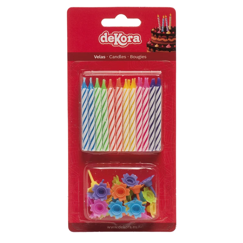 DISPLAY 12 BLISTER 24 VELAS CON BASE COLORES SURTIDOS