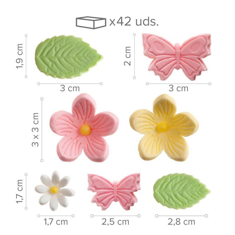 DECORACIÓN AZÚCAR FLORES, HOJAS Y MARIPOSAS 7 DISEÑOS 42 UDS