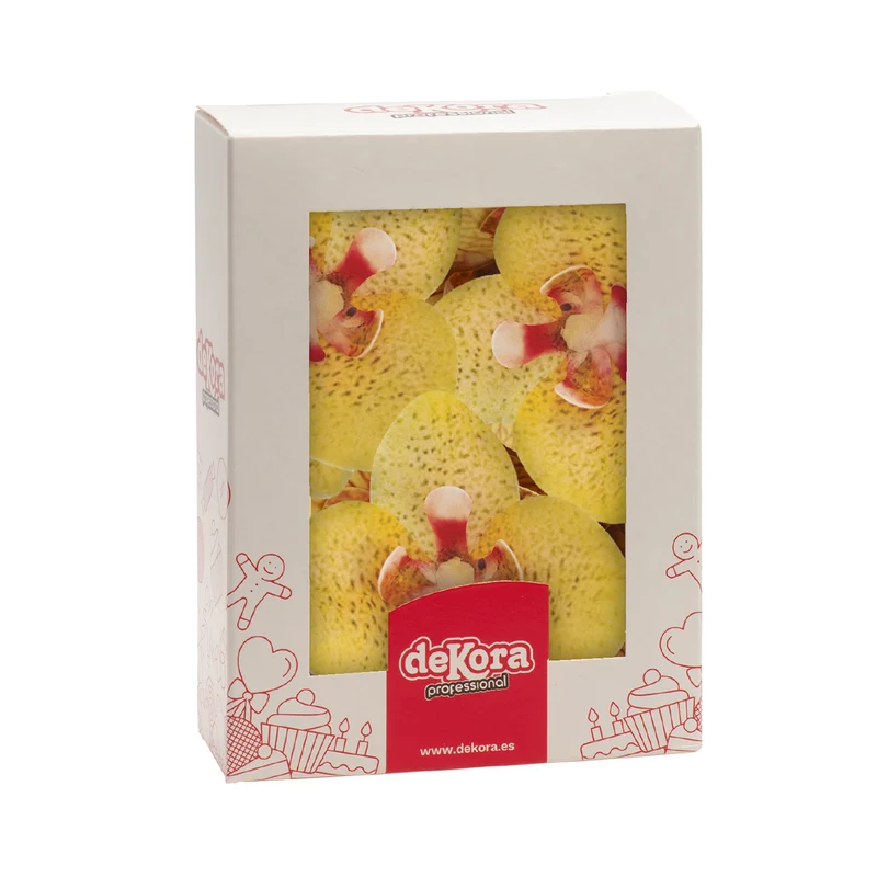 CAJA DE 10 ORQUÍDEAS DE OBLEA AMARILLAS 8.5-7.5CM