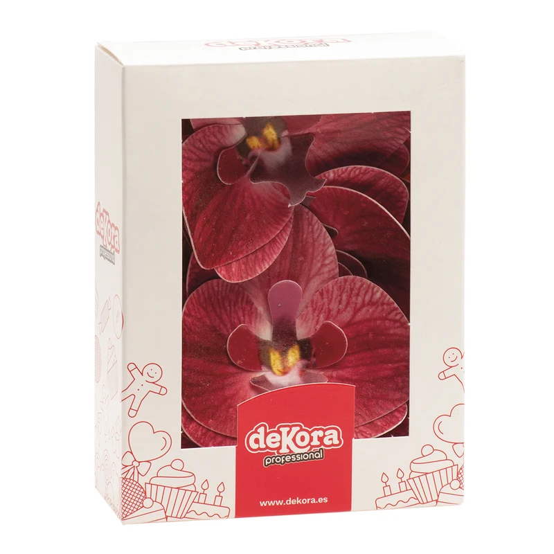 CAJA DE 10 ORQUÍDEAS DE OBLEA BURDEOS 8.5-7.5CM