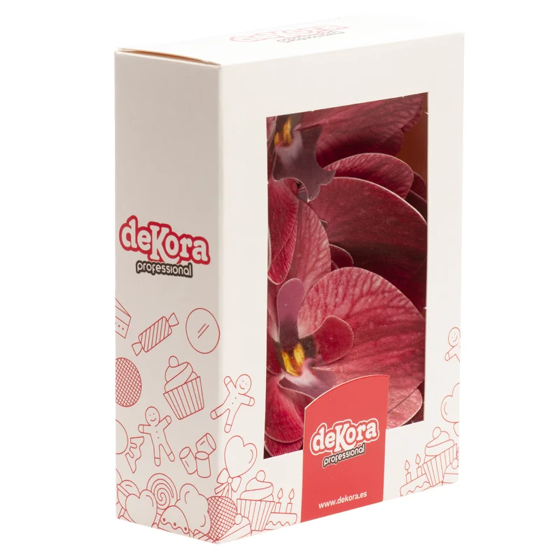 CAJA DE 10 ORQUÍDEAS DE OBLEA BURDEOS 8.5-7.5CM