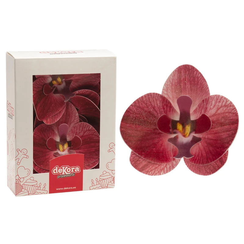 CAJA DE 10 ORQUÍDEAS DE OBLEA BURDEOS 8.5-7.5CM