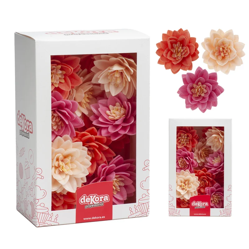 CAJA DE 15 FLORES DE LOTO DE OBLEA 3 COLORES Ø 7CM