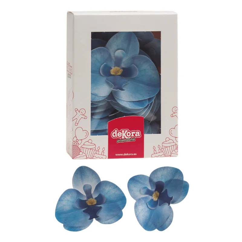 CAJA DE 10 ORQUÍDEAS DE OBLEA COLOR AZUL 8.5 -7.5CM