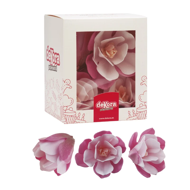 6 MAGNOLIAS DE OBLEA COLOR ROSA DE 6.5-7CM Y 5CM