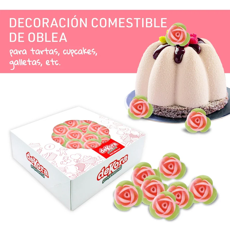 140 ROSAS OBLEA CON HOJA VERDE 3,5CM