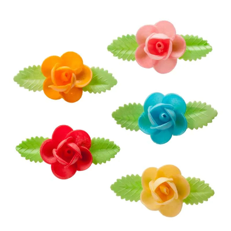 ROSA GRANDE DE OBLEA CON 2 HOJAS COLORES SURTIDOS 8,5 CM