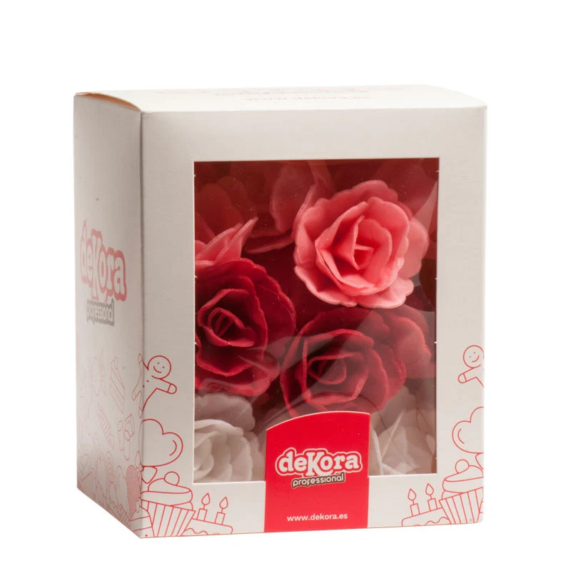 36 ROSAS DE OBLEA ROSA, ROJO Y BLANCO SURTIDAS 4,5 CM