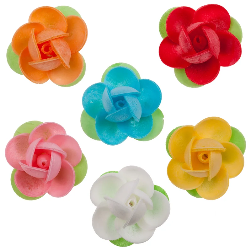 ROSA MINI DE OBLEA CON HOJA COLORES SURTIDOS 4CM