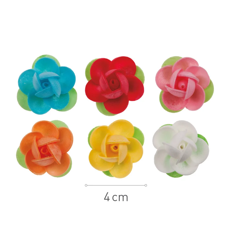 ROSA MINI DE OBLEA CON HOJA COLORES SURTIDOS 4CM
