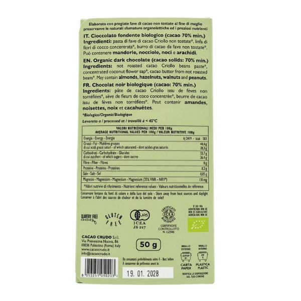 Cioccolato Fondente Bio 70% Puro 50g - Cacao Crudo